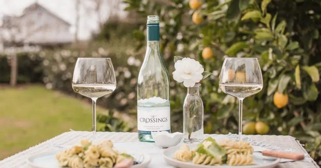 The Crossings Sauvignon Blanc on a table paired with a light dish