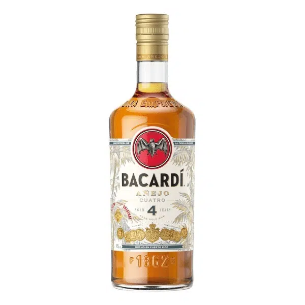 Bacardi Añejo Cuatro Rum 4 Year Old 1L – aged golden rum with vanilla, oak and smooth finish.