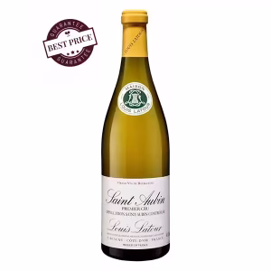 A bottle of Louis Latour Saint-Aubin Premier Cru 2022 standing elegantly, showcasing its classic Burgundy label and refined presentation against a neutral background.