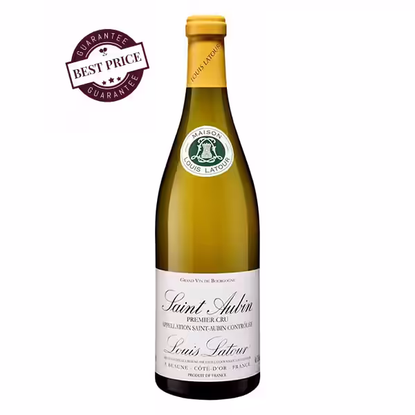 A bottle of Louis Latour Saint-Aubin Premier Cru 2022 standing elegantly, showcasing its classic Burgundy label and refined presentation against a neutral background.