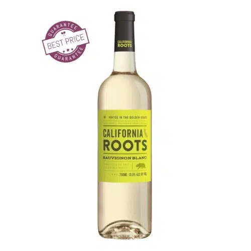 A premium bottle of California Roots Sauvignon Blanc 2020, featuring clean lines and elegant labeling, set against a coastal-inspired backdrop