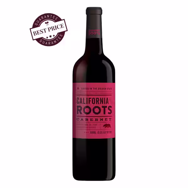 A bottle of California Roots Cabernet Sauvignon 2022 with a deep red label, photographed against a neutral background.