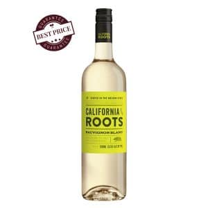 A premium bottle of California Roots Sauvignon Blanc 2020, featuring clean lines and elegant labeling, set against a coastal-inspired backdrop