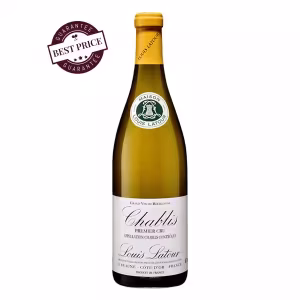 A bottle of Louis Latour Chablis Premier Cru 2023 standing against a crisp white background, highlighting its elegant Burgundy label and clean, classic presentation.