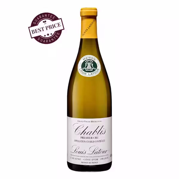 A bottle of Louis Latour Chablis Premier Cru 2023 standing against a crisp white background, highlighting its elegant Burgundy label and clean, classic presentation.