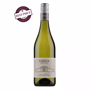 A premium bottle of Parker Coonawarra Estate Cool Climate Chardonnay 2023 placed on a stone counter, its sleek label reflecting luxury, with a backdrop of coastal vines and sunlight—evoking purity, elegance, and terroir-driven excellence.