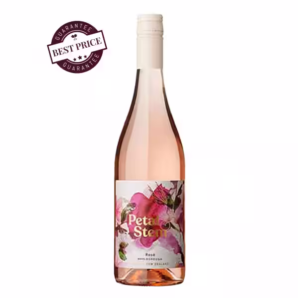 A stylish bottle of Petal & Stem Rosé 2023 with soft blush tones, set against a light background beside a glass of rosé—evoking freshness, floral elegance, and the essence of Marlborough's coastal breeze.