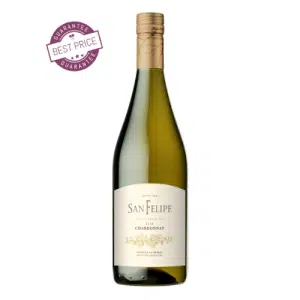 A crisp, clean bottle of San Felipe Classic Chardonnay 2022 set against a soft neutral backdrop, flanked by a filled wine glass. Buy yours from The Wine Box today