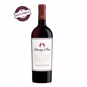Ménage à Trois Red Blend 2022 – California red wine with raspberry, plum, and mocha notes; smooth, fruity, and seductive, available at The Wine Box.