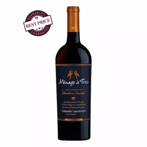 Ménage à Trois Bourbon Barrel Cabernet Sauvignon 2022 is a California red aged in bourbon barrels with blackberry, caramel, and vanilla notes; rich and smooth, at The Wine Box.