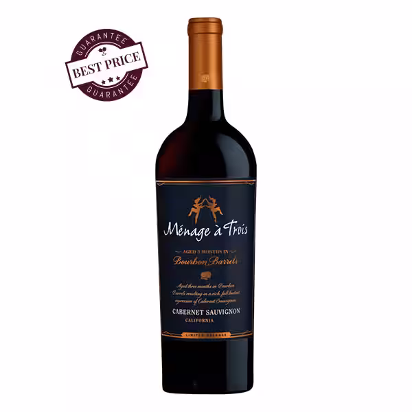 Ménage à Trois Bourbon Barrel Cabernet Sauvignon 2022 is a California red aged in bourbon barrels with blackberry, caramel, and vanilla notes; rich and smooth, at The Wine Box.
