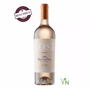 A sleek, pale pink bottle of Trumpeter Rosé de Malbec Still 2024 from The Wine Box, elegantly styled beside a chilled glass—evoking freshness, mountain elegance, and Argentine refinement.