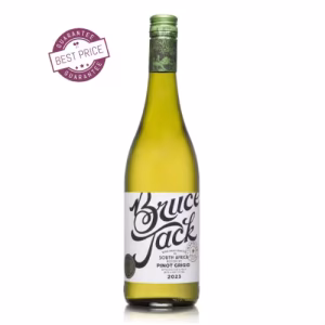 Bruce Jack Pinot Grigio 2025 — pale label, slim white wine bottle, screwcap closure — available at The Wine Box, Nairobi