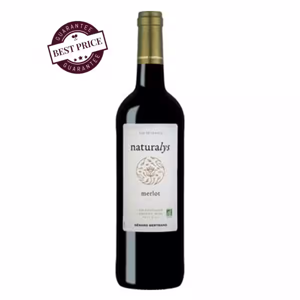 Gérard Bertrand Naturalys Merlot 2023 — deep ruby, white label with green organic detail — available at The Wine Box, Kenya